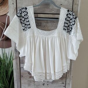 Free People Cream and Black Floral Blouse